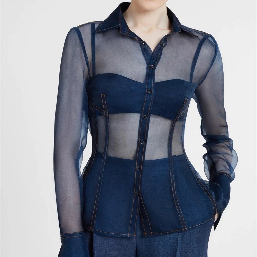 2026 women's fashion shirt with organza splicing, slim fit, transparent and sexy women's top cardigan y2k New commuting T-shirt - AliExpress Shirts & Blouses