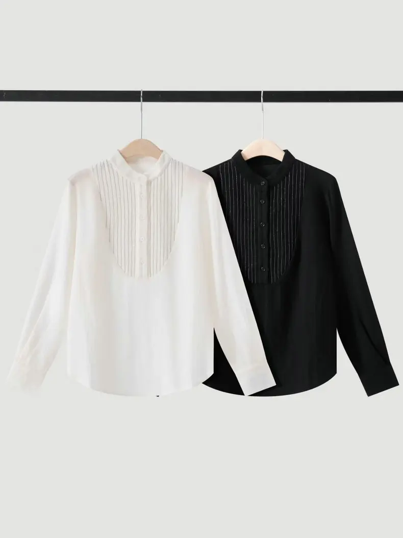 Women's Long-Sleeve Stand-Collar Shirt with Beaded Chain Detail Autumn/Winter - AliExpress Shirts & Blouses