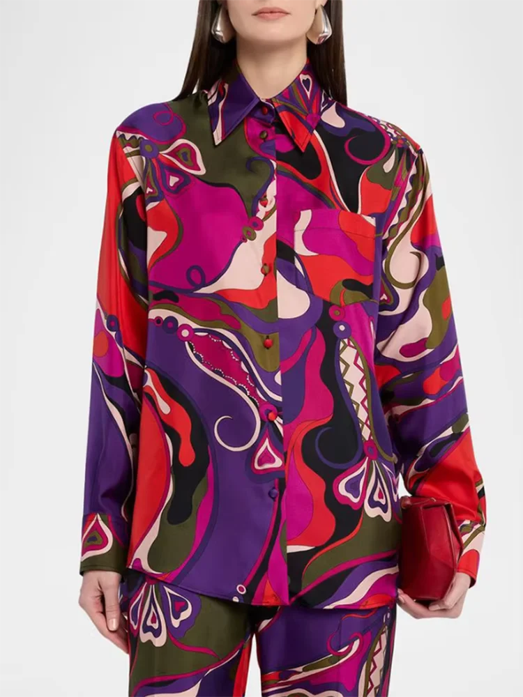 Spring Summer Fashion Vintage Pattern Print Silk Casual Blouses Women's Turn-down Collar Single Breasted Long Sleeve Shirt - AliExpress Shirts & Blouses