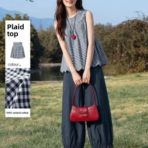 Vintage Style Women's Shirt Summer 2026 round Neck Sleeveless Shoulder Bared Plaid Top Artistic Fashion Age Reduction Loose Fit - AliExpress Shirts & Blouses