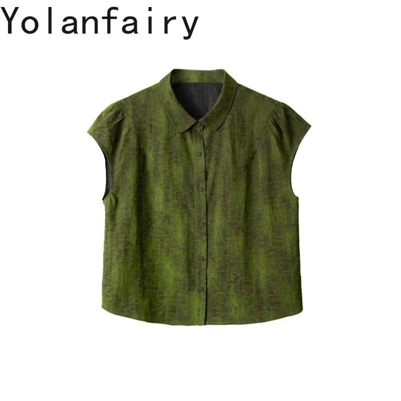 YOLANFAIRY Women Elegant Blouse 100% Real Mulberry Silk Shirts Woman Green Tortoise Gambiered Silk Jacquard Short Sleeve Top - AliExpress Shirts & Blouses