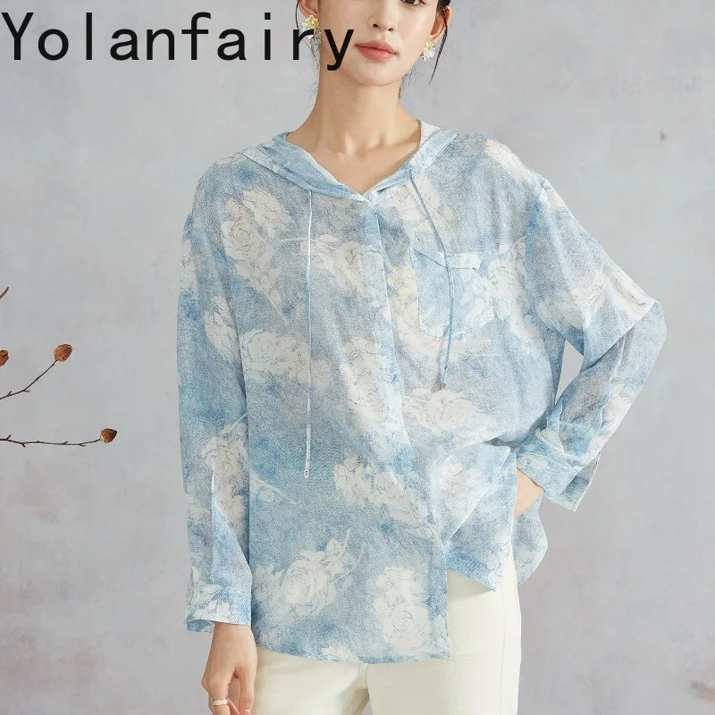 YOLANFAIRY Hooded 100% Mulberry Crepe De Chine Silk Shirt 2026 Women Printed Sun Protection Fashion Summer Outerwear Blouse Coat - AliExpress Shirts & Blouses