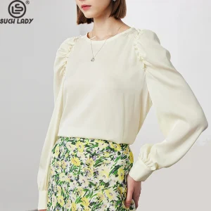 90% Natural Silk 10%Spandex Women's Blouse O Neck Long Sleeves Ruffles Ruched Elegant Fashion Tops Outerwear - AliExpress Shirts & Blouses