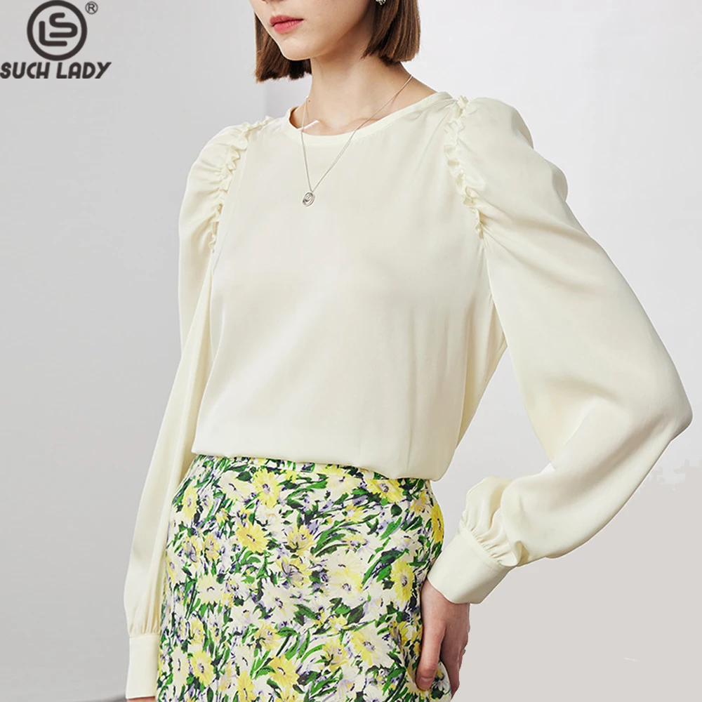90% Natural Silk 10%Spandex Women's Blouse O Neck Long Sleeves Ruffles Ruched Elegant Fashion Tops Outerwear - AliExpress Shirts & Blouses