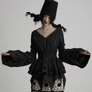 Black Long Sleeve Shirt Women's Casual Fit Cotton Clown Folded Waist Wide Sleeve Shirt Long Sleeve Big V Neck Tightened Opening - AliExpress Shirts & Blouses