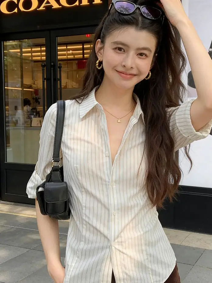 Rixo Women's Slim Fit Striped Shirt Long Sleeve Base Layer Shirt Waist Cinching Top Commute Style Breathable Skin-Friendly - AliExpress Shirts & Blouses