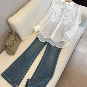 Elegant White Embroidered Lace Long Sleeve Shirt Women's Premium Lightweight Age-Defying Fashionable Thin Top - AliExpress Shirts & Blouses