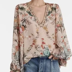 2026 Women Floral Print Silk Loose Shirt Spring Crystal Beaded V-Neck Lantern Sleeve Fashion Pink Blouse - AliExpress Shirts & Blouses