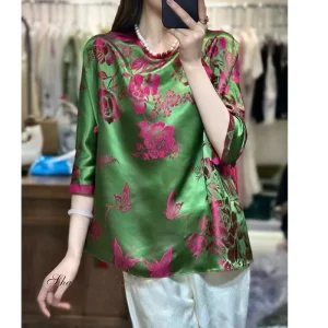 Spring /Autumn New O-Neck Single Breasted Silk Satin Butterfly+Flower Jacquard High end Three Quarter Sleeve Women's Shirt S-XL - AliExpress Shirts & Blouses