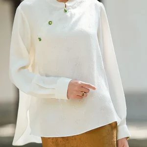 Winsleter-19MM 100%Real Silk Guanle Crepe Elegant Shirt, Stand Long Sleeve, Women Versatile Loose Blouse, 2026 Spring T63807CC - AliExpress Shirts & Blouses