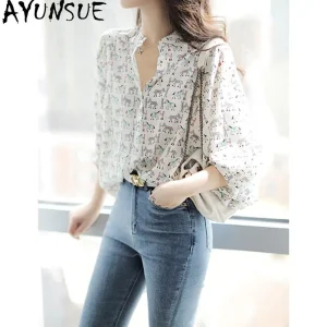AYUNSUE 100% Silk Women's Blouses and Shirts Stylish Pullover Tops for Woman Puff Sleeves Top Woman Clothes Spring Summer 블라우스 - AliExpress Shirts & Blouses