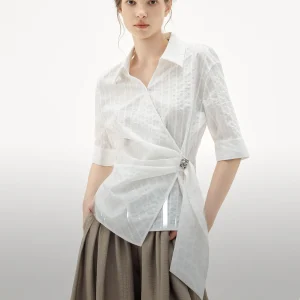 Elle Initial Snow White Shirt Women's Summer New Irregular Design Waist-Cinching Sash Commute Style Cotton Blend Shirt - AliExpress Shirts & Blouses