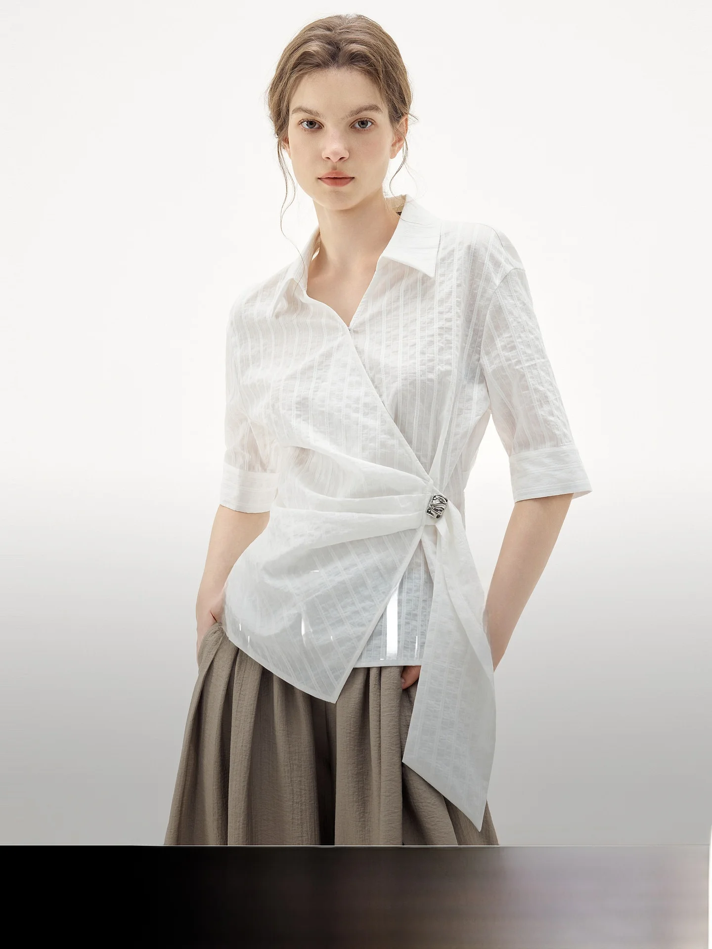 Elle Initial Snow White Shirt Women's Summer New Irregular Design Waist-Cinching Sash Commute Style Cotton Blend Shirt - AliExpress Shirts & Blouses