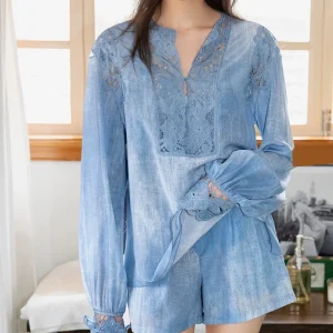 2026 New Arrival Women's Matching Sets Blue Puff Sleeve Hollow Out Lace Silk Shirt Fashion Khaki Casual Shorts Outfits - AliExpress Shirts & Blouses
