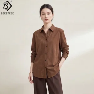 Birdtree,93% Silk 7% Spandex Blouse, Lapel Full Sleeve Tops, Women Gambiered Canton Gauze Retro Shirt, 2026 Spring New T63823JF - AliExpress Shirts & Blouses