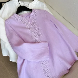 Elegant And Simple Long Sleeve Embroidered Heavy Work Linen Women's Loose Shirt New Style Spring Commute Fashion V-Neck Open ... - AliExpress Shirts & Blouses