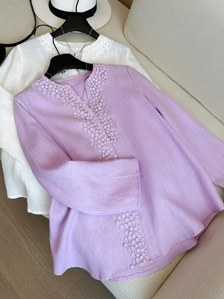 Elegant And Simple Long Sleeve Embroidered Heavy Work Linen Women's Loose Shirt New Style Spring Commute Fashion V-Neck Open ... - AliExpress Shirts & Blouses