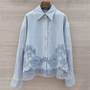 women's shirt Summer 2026 single breasted slim fit women's long sleeved top Lace flower embroidery women's blouse denim shirt - AliExpress Shirts & Blouses