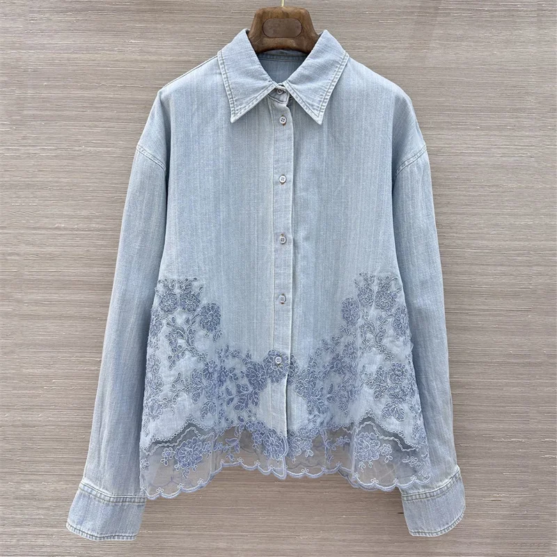 women's shirt Summer 2026 single breasted slim fit women's long sleeved top Lace flower embroidery women's blouse denim shirt - AliExpress Shirts & Blouses