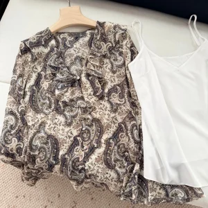 Retro Printed Women 100% Silk Blouse Top Ruffles Spliced V-Neck Flare Sleeve Single Breasted Fashion Ladies Shirt - AliExpress Shirts & Blouses