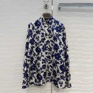 2026 New Autumn Vintage Blue Floral Print Loose 100% Silk Shirt Women Stand Collar Long Sleeve Casual Blouse Tops - AliExpress Shirts & Blouses