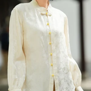 Winsleter-19MM 100%Real Silk Elegant Shirt, Stand Long Sleeve Jacquard, Women Retro Casual Loose Blouse, 2026 Spring T63808CC - AliExpress Shirts & Blouses