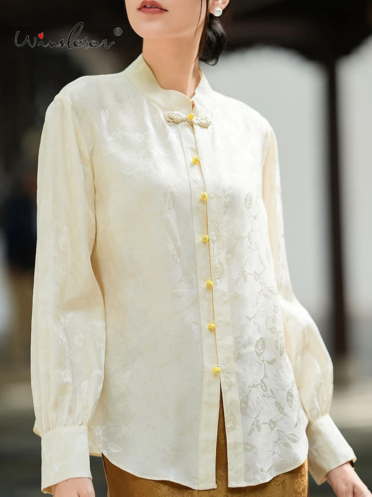 Winsleter-19MM 100%Real Silk Elegant Shirt, Stand Long Sleeve Jacquard, Women Retro Casual Loose Blouse, 2026 Spring T63808CC - AliExpress Shirts & Blouses