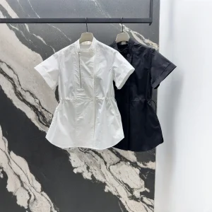 Spring 2026 Women's Cotton Embroidered Shirt Dress Short Sleeve Stand Collar Button Detail Casual Loose Fit Breathable Skin-F... - AliExpress Shirts & Blouses