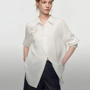 Elle Women's White Embroidered Hollow out Collar Shirt Loose Fit Fashionable Commute Style Long Sleeve Cotton Blend Shirt - AliExpress Shirts & Blouses