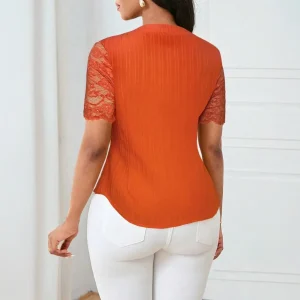 Lace Splicing Design Shirt Tops Women’s V-neck Lace Blouse Short Sleeve Hollow Splicing Top Shirt for Work Party Vacation Wear - AliExpress Shirts & Blouses