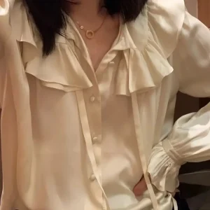 Women's Solid Color Blouse Ruffle Single Breasted 100% Silk Satin Long Sleeve Shirt - AliExpress Shirts & Blouses