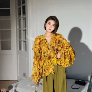 XULU Original Summer Floral Print Long Sleeve Shirt Fashionable V-Neck Overlap Wooden  Trim Loose Fit Women's Shirt - AliExpress Shirts & Blouses