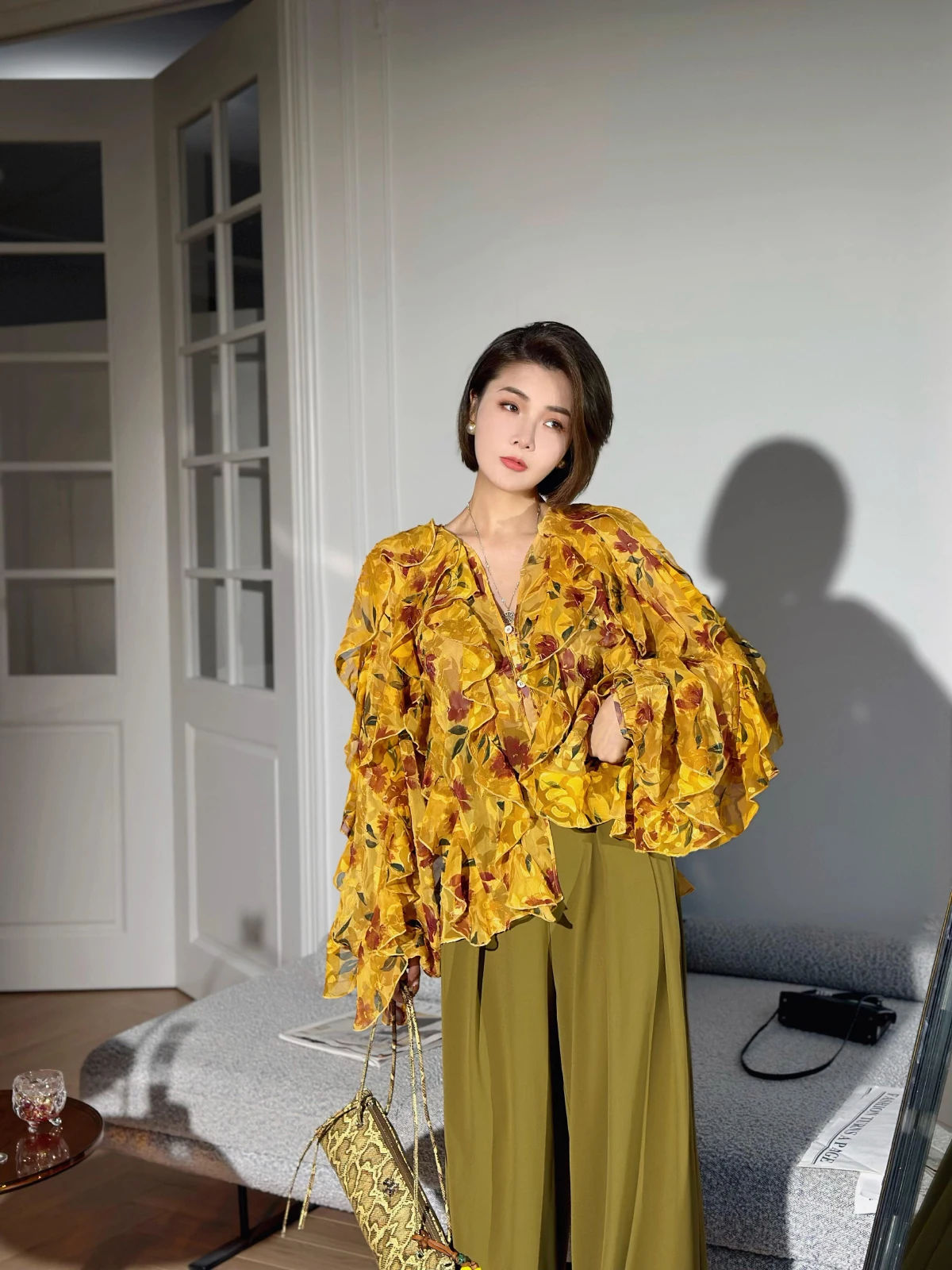 XULU Original Summer Floral Print Long Sleeve Shirt Fashionable V-Neck Overlap Wooden Trim Loose Fit Women's Shirt - AliExpress Shirts & Blouses