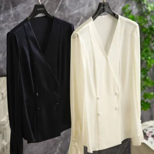 Classic Genes Replicated Silk Double Breasted V Neck Shirt Women's Top Heavyweight Silk Long Sleeve Commute Style - AliExpress Shirts & Blouses