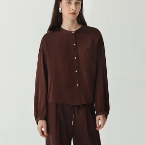 Women 100% Mulberry Silk Brown Loose Long Sleeve Blouse with Pocket Elegant Office Casual Luxury Silk Tops for Daily Wear - AliExpress Shirts & Blouses