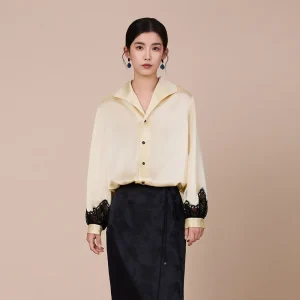 2026 100% Mulberry Silk Blouse Women Lapel Collar Long Sleeve Black Lace Patchwork Loose Fit Elegant Office Shirts Luxury Tops - AliExpress Shirts & Blouses