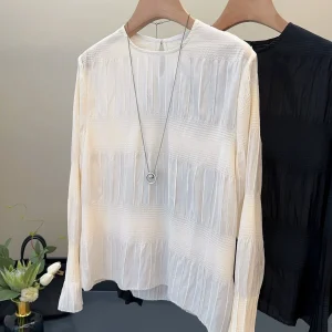 Gentle Elegance Silk Shirt Women's Airy Folded Texture Long Sleeve round Neck Pullover Breathable Pure Color Chinese Production - AliExpress Shirts & Blouses