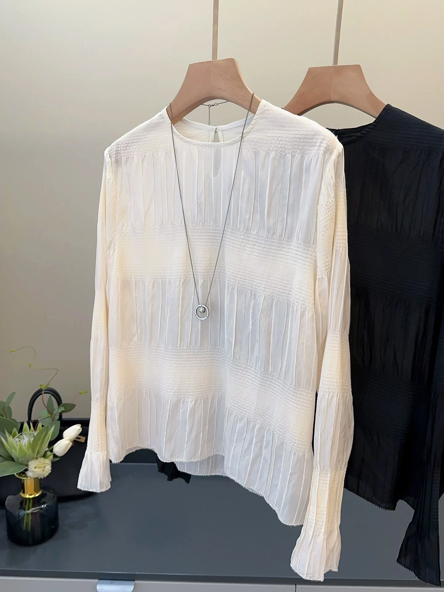 Gentle Elegance Silk Shirt Women's Airy Folded Texture Long Sleeve round Neck Pullover Breathable Pure Color Chinese Production - AliExpress Shirts & Blouses
