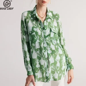 100% Natural Silk Women's Shirt Turn Down Collar Long Sleeves Printed Front Pockets Elegant Fashion Designer Blouse Tops - AliExpress Shirts & Blouses