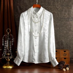 Trendy Tang clothing women's clothing Chinese style jacquard satin lace-up buckle white cheongsam top shirt 26 spring and summer - AliExpress Shirts & Blouses