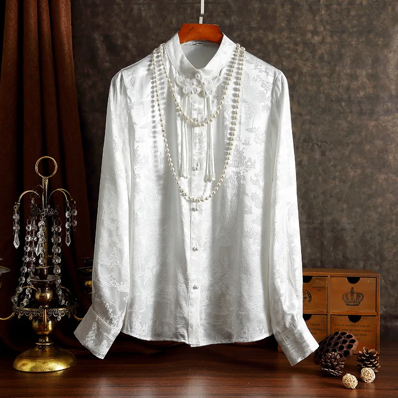 Trendy Tang clothing women's clothing Chinese style jacquard satin lace-up buckle white cheongsam top shirt 26 spring and summer - AliExpress Shirts & Blouses