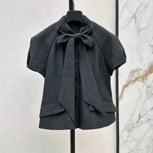 High Quality Women Stand Collar Bow Tie Plaid Top Short Sleeve Button Down Elegant Commute Short Woven Blouse lyt2672338 - AliExpress Shirts & Blouses