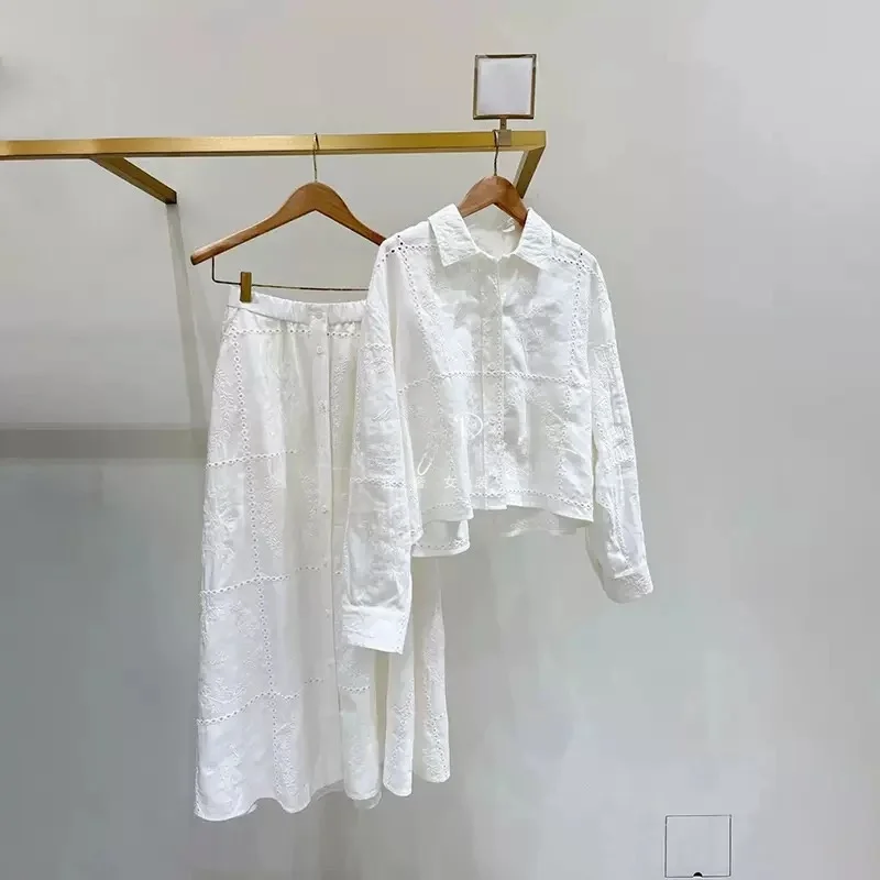 Fashionable Embroidered Hollow out Shirt Top High Waist Long Half Skirt Autumn Winter Women's Loose Fit Long Sleeve Neck - AliExpress Shirts & Blouses