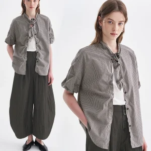 DotDrobe Japanese Style 100% Cotton Bubble Fabric Short Sleeve Shirt Women's Placket Bow Tie Shirt Loose Fit Summer 2026 - AliExpress Shirts & Blouses