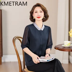 KMETRAM 90% Mulberry Silk Blouses for Women 2026 Spring Slimming Dark Blue Pleated Half-sleeve Shirts Female Clothing Ropa Mujer - AliExpress Shirts & Blouses