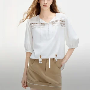 Elle Emily Five-Quarter Sleeve V-Neck Embroidered Patchwork Shirt Women's Summer New Style Commute Simple Fit White Shirt - AliExpress Shirts & Blouses