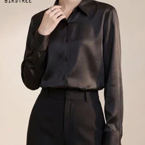 BirdTree-93%Silk 7%Spandex Watered Gauze Elegant Shirt, Lapel Solid, Women Retro Temperament Loose Blouse, 2025 Summer T64829CC - AliExpress Shirts & Blouses