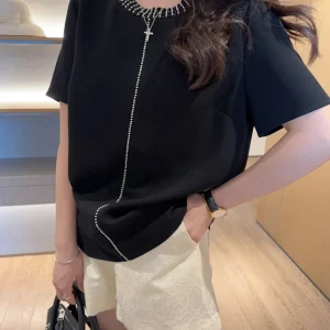 Elegant Versatile Design Beaded round Neck Three-acetate Short Sleeve Shirt Commute Summer Fashionable Women's Shirt - AliExpress Shirts & Blouses