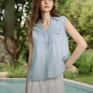 Elle Women's Cotton Sleeveless Denim Shirt V-neck Commute Style Unique Feeling Summer New Arrival Pure Color Shirt - AliExpress Shirts & Blouses