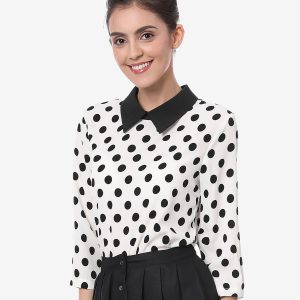 Polka Dots Contrast Peter Pan Collar Top 3/4 Sleeve Blouse Shirt White/L - Allegra K catalog